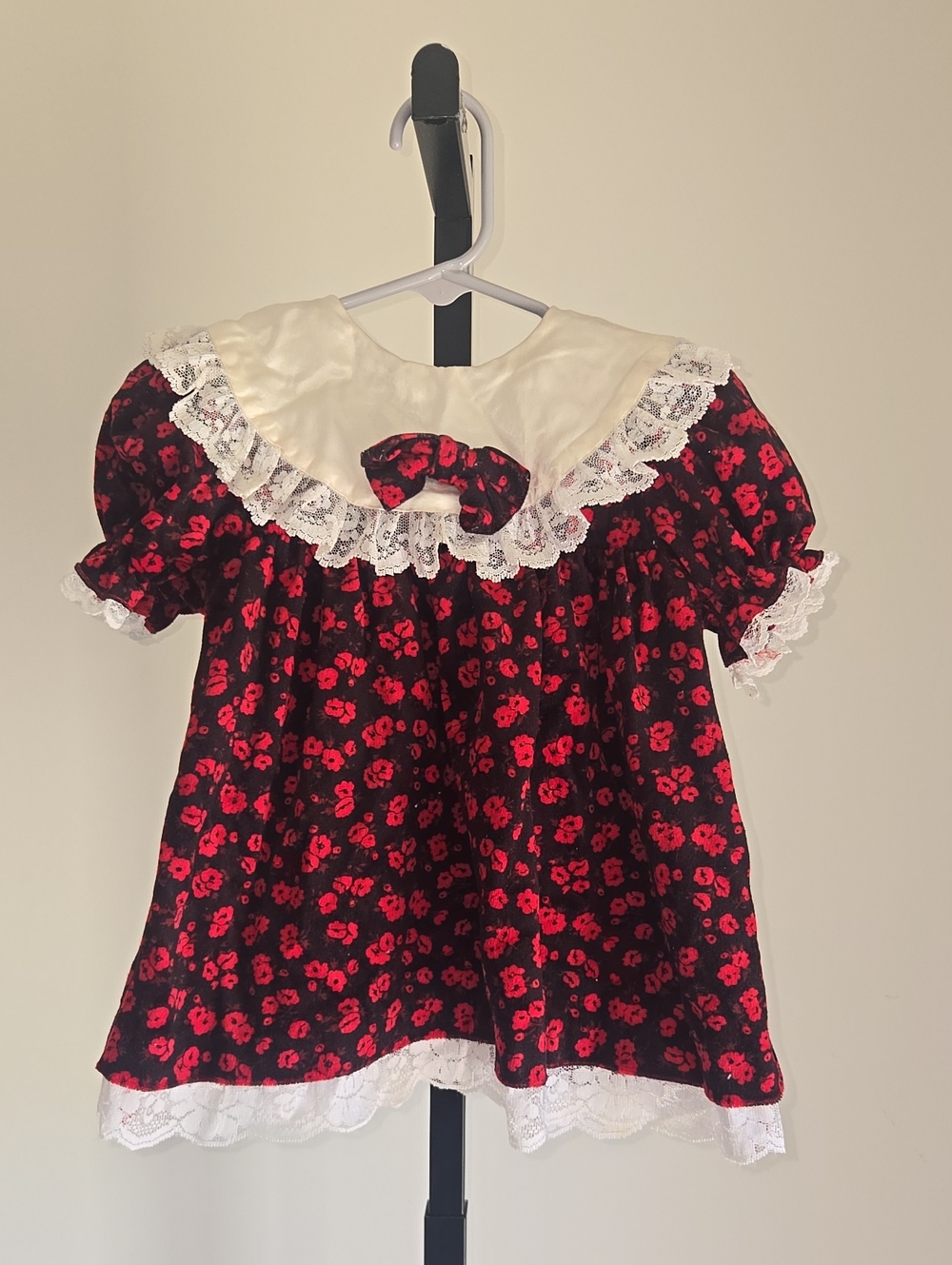 Vintage Girls Size 2T Toddler Floral Lace-Trim Dress with Ivory Peter Pan Collar
